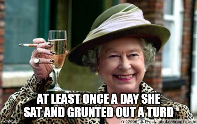 Queen Elizabeth | AT LEAST ONCE A DAY SHE SAT AND GRUNTED OUT A TURD | image tagged in queen elizabeth | made w/ Imgflip meme maker