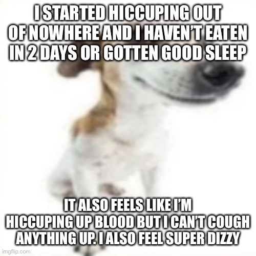 I might die. Yay | I STARTED HICCUPING OUT OF NOWHERE AND I HAVEN’T EATEN IN 2 DAYS OR GOTTEN GOOD SLEEP; IT ALSO FEELS LIKE I’M HICCUPING UP BLOOD BUT I CAN’T COUGH ANYTHING UP. I ALSO FEEL SUPER DIZZY | image tagged in silly dog | made w/ Imgflip meme maker