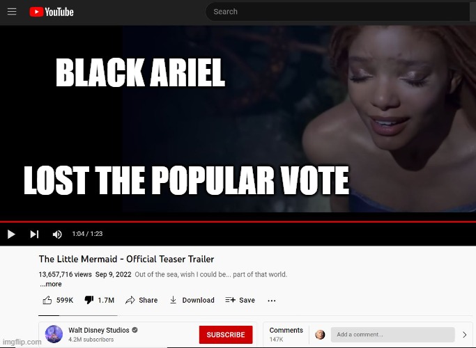 Concede, insurrectionist | BLACK ARIEL; LOST THE POPULAR VOTE | image tagged in ariel,the little mermaid,disney,wore | made w/ Imgflip meme maker