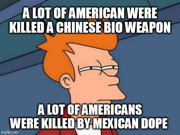 Futurama Fry Meme | A LOT OF AMERICAN WERE KILLED A CHINESE BIO WEAPON; A LOT OF AMERICANS WERE KILLED BY MEXICAN DOPE | image tagged in memes,futurama fry | made w/ Imgflip meme maker