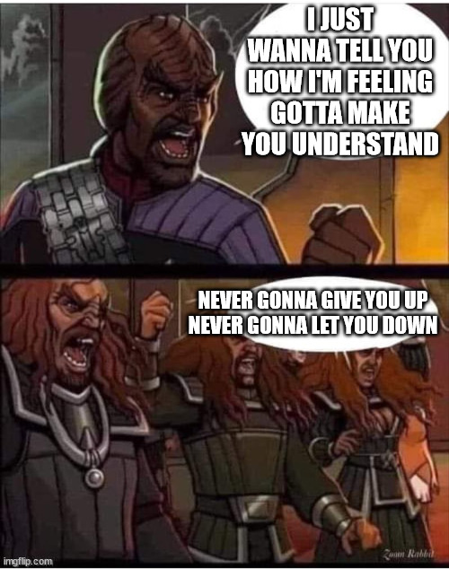 Star Trek Klingons yelling | I JUST WANNA TELL YOU HOW I'M FEELING
GOTTA MAKE YOU UNDERSTAND; NEVER GONNA GIVE YOU UP
NEVER GONNA LET YOU DOWN | image tagged in star trek klingons yelling,rickroll | made w/ Imgflip meme maker