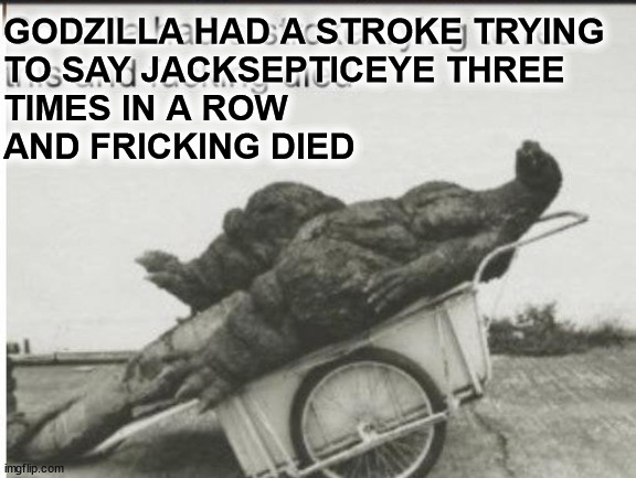 Godzilla | GODZILLA HAD A STROKE TRYING
TO SAY JACKSEPTICEYE THREE
TIMES IN A ROW
AND FRICKING DIED | image tagged in godzilla | made w/ Imgflip meme maker