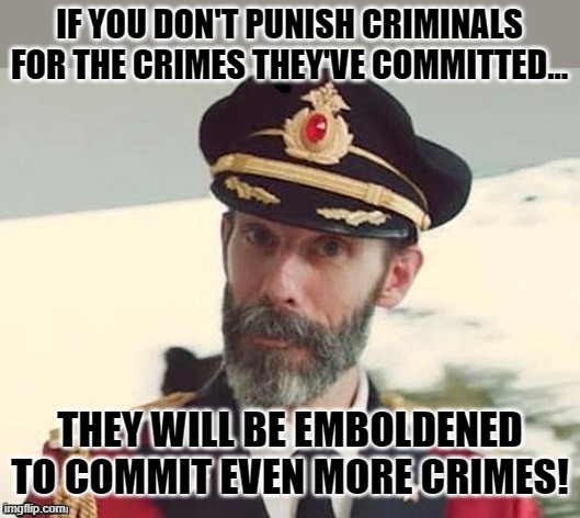 Tell This To A Democrat | IF YOU DON'T PUNISH CRIMINALS FOR THE CRIMES THEY'VE COMMITTED... THEY WILL BE EMBOLDENED TO COMMIT EVEN MORE CRIMES! | image tagged in captain obvious,memes,common sense,makes sense,so true,obviously | made w/ Imgflip meme maker