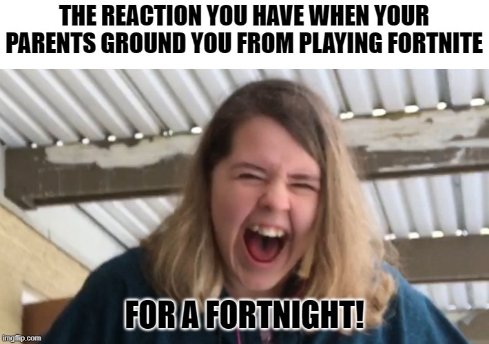 Fortnite Withdrawal | THE REACTION YOU HAVE WHEN YOUR PARENTS GROUND YOU FROM PLAYING FORTNITE; FOR A FORTNIGHT! | image tagged in angry screaming girl,grounded,fortnite,what to do now,memes,fortnite memes | made w/ Imgflip meme maker