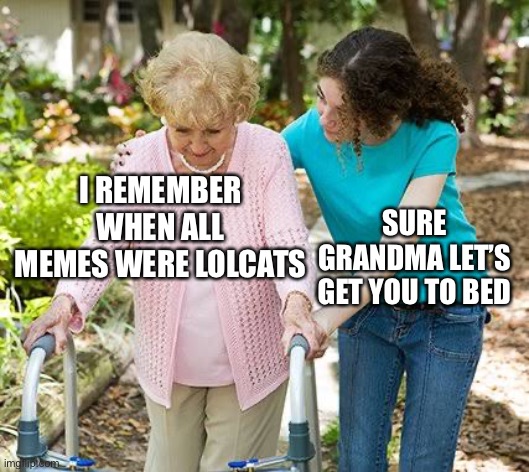 All memes used to be lolcats | I REMEMBER WHEN ALL MEMES WERE LOLCATS; SURE GRANDMA LET’S GET YOU TO BED | image tagged in sure grandma let's get you to bed,lolcats,ancient memes | made w/ Imgflip meme maker