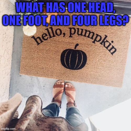 WHAT HAS ONE HEAD, ONE FOOT, AND FOUR LEGS? | image tagged in riddle,feet | made w/ Imgflip meme maker