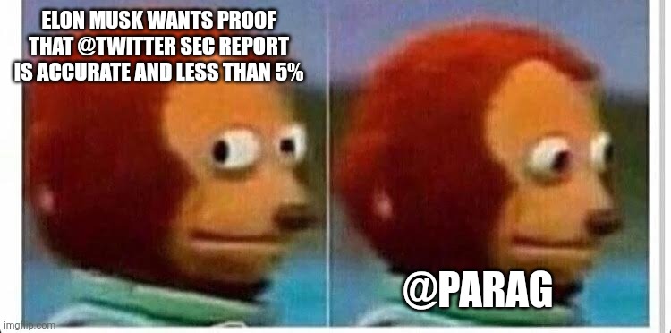 Twitter bots | ELON MUSK WANTS PROOF THAT @TWITTER SEC REPORT IS ACCURATE AND LESS THAN 5%; @PARAG | image tagged in awkward muppet | made w/ Imgflip meme maker