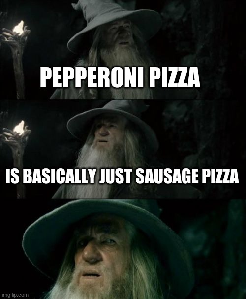 shower thought | PEPPERONI PIZZA; IS BASICALLY JUST SAUSAGE PIZZA | image tagged in memes,confused gandalf | made w/ Imgflip meme maker