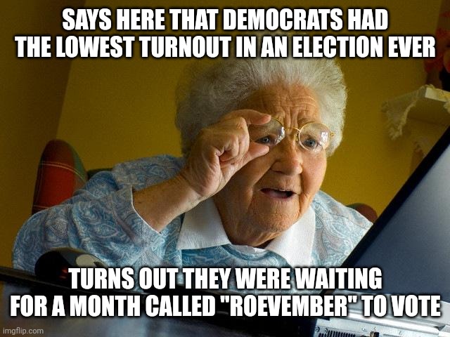 Grandma Finds The Internet Meme | SAYS HERE THAT DEMOCRATS HAD THE LOWEST TURNOUT IN AN ELECTION EVER TURNS OUT THEY WERE WAITING FOR A MONTH CALLED "ROEVEMBER" TO VOTE | image tagged in memes,grandma finds the internet | made w/ Imgflip meme maker