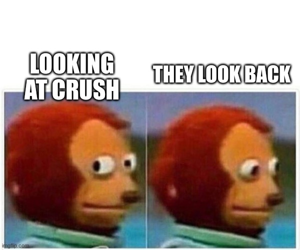 Monkey Puppet | Looking at crush; THEY LOOK BACK; LOOKING AT CRUSH | image tagged in memes,monkey puppet | made w/ Imgflip meme maker