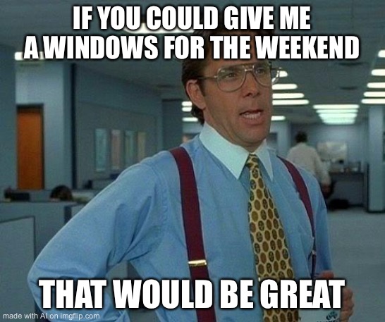 Nah man, that’s awesome | IF YOU COULD GIVE ME A WINDOWS FOR THE WEEKEND; THAT WOULD BE GREAT | image tagged in memes,that would be great | made w/ Imgflip meme maker