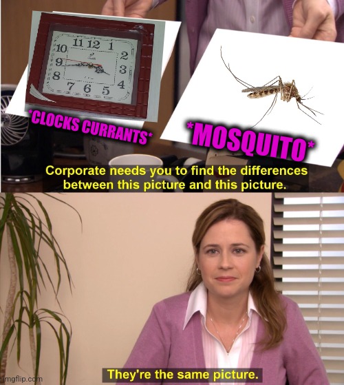 -What time is now? | *MOSQUITO*; *CLOCKS CURRANTS* | image tagged in memes,they're the same picture,mosquito,alarm clock,wall,totally looks like | made w/ Imgflip meme maker