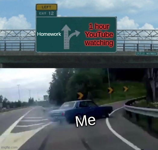 youtube :) | Homework; 1 hour YouTube watching; Me | image tagged in memes,left exit 12 off ramp | made w/ Imgflip meme maker