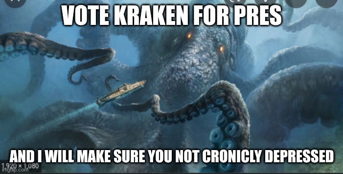 vote for me | VOTE KRAKEN FOR PRES; AND I WILL MAKE SURE YOU NOT CRONICLY DEPRESSED | made w/ Imgflip meme maker