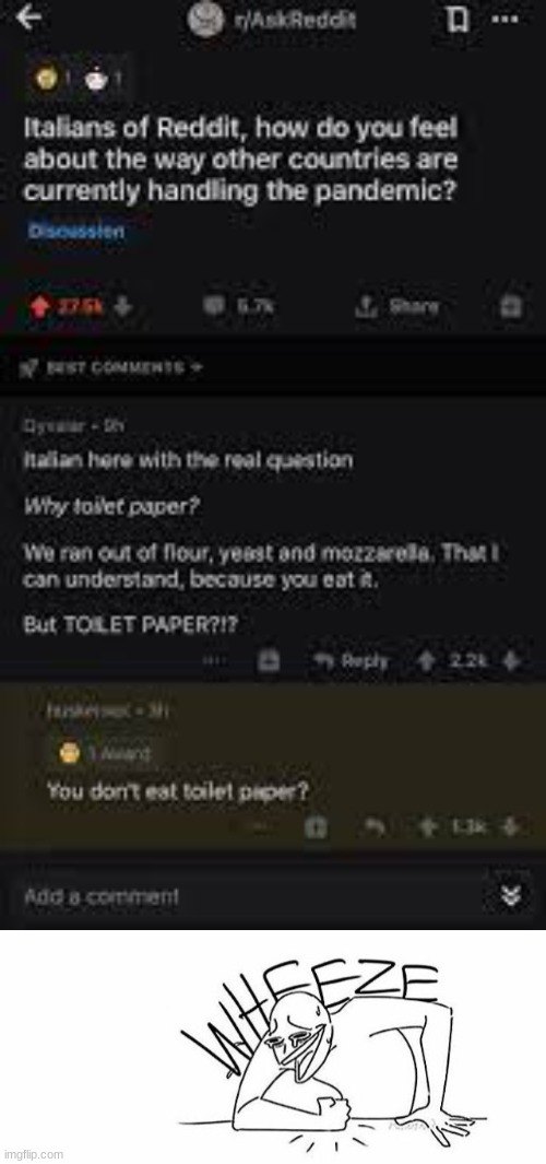 wait you don't eat toilet paper? | image tagged in wheeze,memes | made w/ Imgflip meme maker