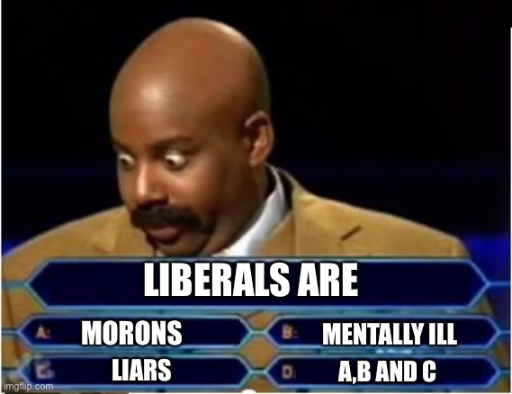 Tough question | LIBERALS ARE; MORONS; MENTALLY ILL; LIARS; A,B AND C | image tagged in quiz show meme | made w/ Imgflip meme maker