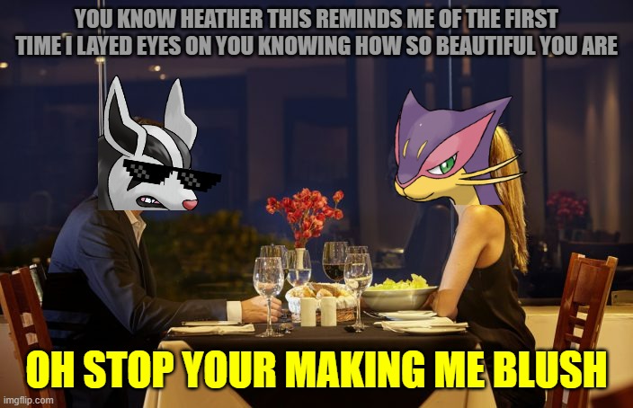 pokemon date night | YOU KNOW HEATHER THIS REMINDS ME OF THE FIRST TIME I LAYED EYES ON YOU KNOWING HOW SO BEAUTIFUL YOU ARE; OH STOP YOUR MAKING ME BLUSH | image tagged in dinner date,dogs,cats,romance,pokemon | made w/ Imgflip meme maker