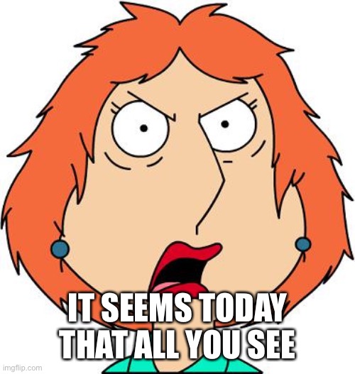 Lois Griffin Angry | IT SEEMS TODAY THAT ALL YOU SEE | image tagged in lois griffin angry | made w/ Imgflip meme maker