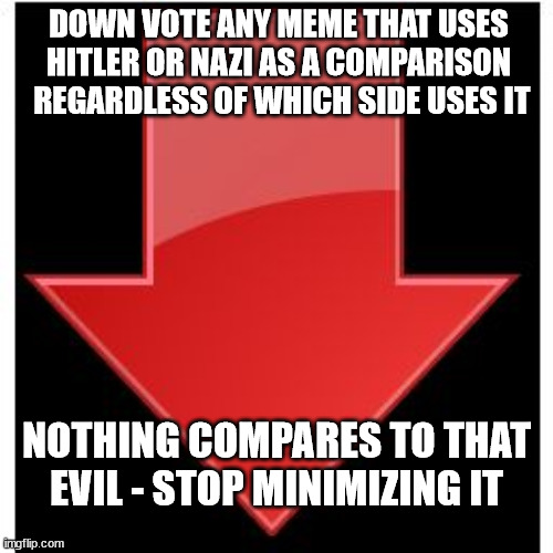 Being Ignorant is No Excuse | DOWN VOTE ANY MEME THAT USES HITLER OR NAZI AS A COMPARISON  REGARDLESS OF WHICH SIDE USES IT; NOTHING COMPARES TO THAT EVIL - STOP MINIMIZING IT | image tagged in down-vote,nazi,hitler | made w/ Imgflip meme maker