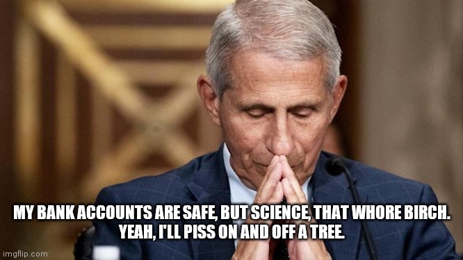 Anthony Fauchi | MY BANK ACCOUNTS ARE SAFE, BUT SCIENCE, THAT WHORE BIRCH.

YEAH, I'LL PISS ON AND OFF A TREE. | image tagged in anthony fauchi | made w/ Imgflip meme maker