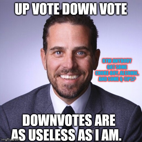 Hunter Biden | UP VOTE DOWN VOTE DOWNVOTES ARE AS USELESS AS I AM. BTW ANYBODY GOT SOME CHORE-BOY, ALCOHOL, AND SOME Q-TIPS? | image tagged in hunter biden | made w/ Imgflip meme maker