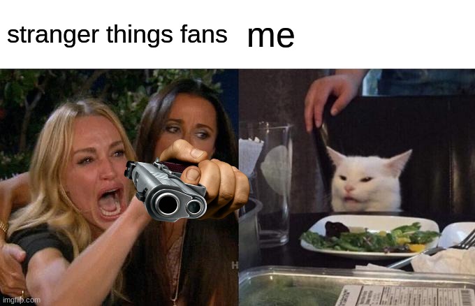 Woman Yelling At Cat Meme | stranger things fans; me | image tagged in memes,woman yelling at cat | made w/ Imgflip meme maker