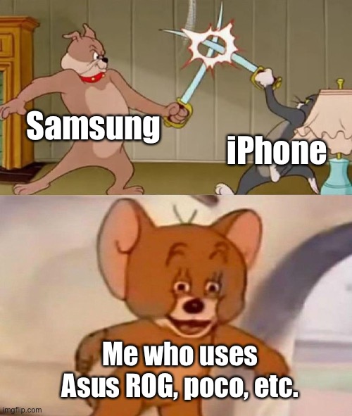 Phones | Samsung; iPhone; Me who uses Asus ROG, poco, etc. | image tagged in tom and jerry swordfight,iphone,android,samsung,asus,xiaomi | made w/ Imgflip meme maker