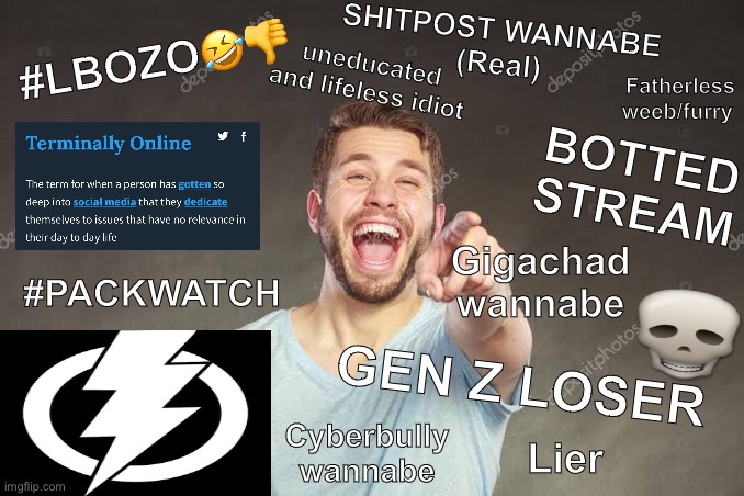 Stock man laughing and pointing | SHITPOST WANNABE
(Real); uneducated and lifeless idiot; Fatherless weeb/furry; #LBOZO🤣👎; BOTTED STREAM; Gigachad wannabe; #PACKWATCH; GEN Z LOSER; Cyberbully wannabe; Lier | image tagged in stock man laughing and pointing,memes | made w/ Imgflip meme maker