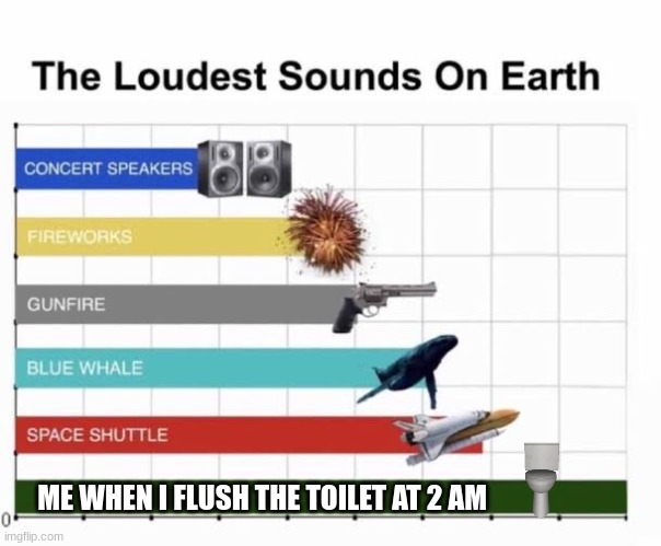 Every time at night... |  ME WHEN I FLUSH THE TOILET AT 2 AM | image tagged in the loudest sounds on earth | made w/ Imgflip meme maker