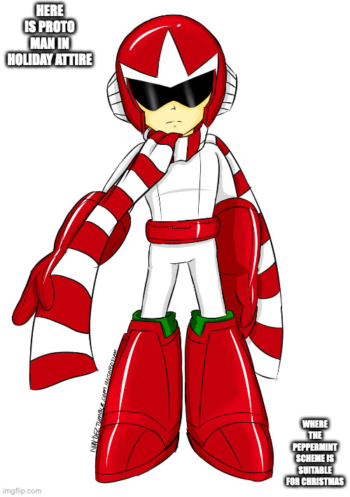 Proto Man in Holiday Colors | HERE IS PROTO MAN IN HOLIDAY ATTIRE; WHERE THE PEPPERMINT SCHEME IS SUITABLE FOR CHRISTMAS | image tagged in protoman,megaman,memes | made w/ Imgflip meme maker