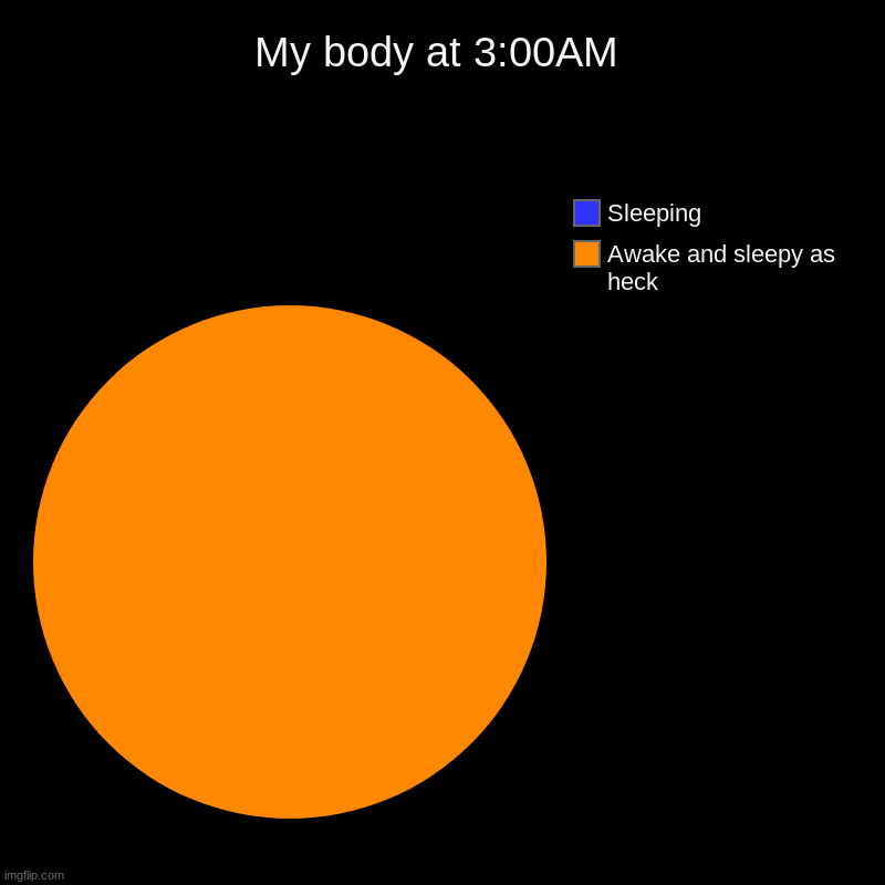 Me at 3:00AM | My body at 3:00AM | Awake and sleepy as heck, Sleeping | image tagged in charts,pie charts | made w/ Imgflip chart maker