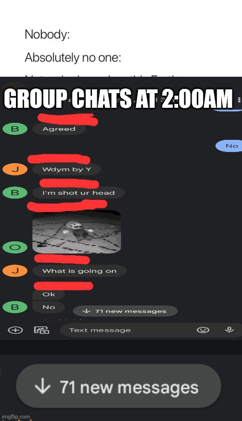 This is why my phone is on silent! | GROUP CHATS AT 2:00AM | image tagged in nobody absolutely no one | made w/ Imgflip meme maker