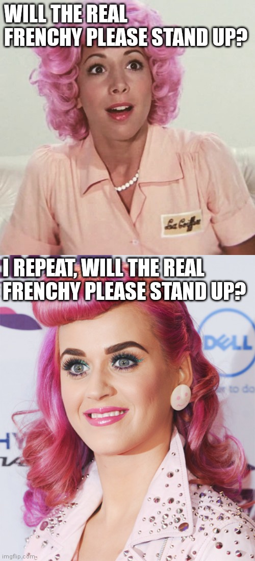 WILL THE REAL FRENCHY PLEASE STAND UP? I REPEAT, WILL THE REAL FRENCHY PLEASE STAND UP? | image tagged in grease,katy perry | made w/ Imgflip meme maker