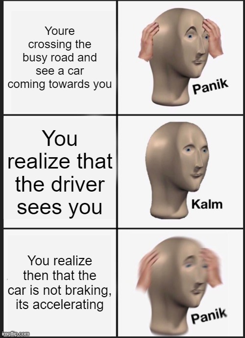 rip | Youre crossing the busy road and see a car coming towards you; You realize that the driver sees you; You realize then that the car is not braking, its accelerating | image tagged in memes,panik kalm panik | made w/ Imgflip meme maker