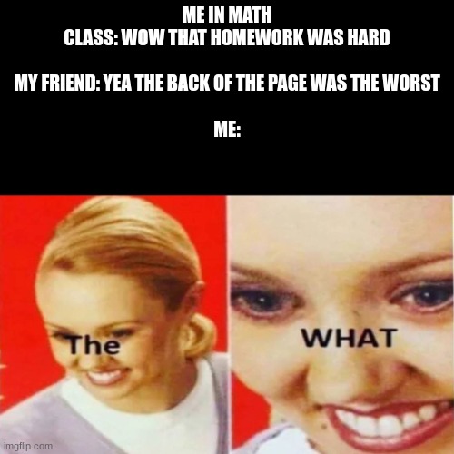 Math be like |  ME IN MATH CLASS: WOW THAT HOMEWORK WAS HARD
 
MY FRIEND: YEA THE BACK OF THE PAGE WAS THE WORST
 
ME: | image tagged in the what | made w/ Imgflip meme maker