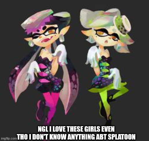 i need to look more into splatoon | NGL I LOVE THESE GIRLS EVEN THO I DON'T KNOW ANYTHING ABT SPLATOON | image tagged in squid sisters | made w/ Imgflip meme maker