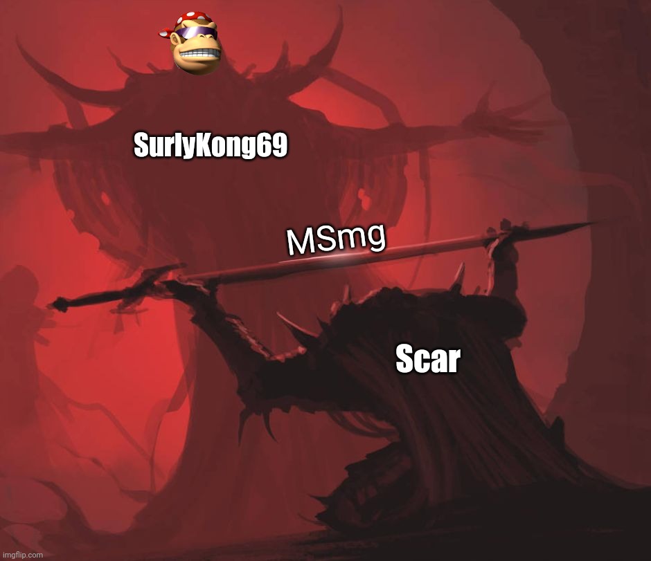 Man giving sword to larger man | SurlyKong69 Scar MSmg | image tagged in man giving sword to larger man | made w/ Imgflip meme maker