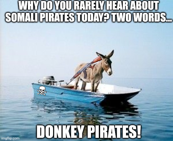 I guess its possible to have different types of pirates | WHY DO YOU RARELY HEAR ABOUT SOMALI PIRATES TODAY? TWO WORDS... DONKEY PIRATES! | image tagged in donkey on a boat,pirates,awesome | made w/ Imgflip meme maker