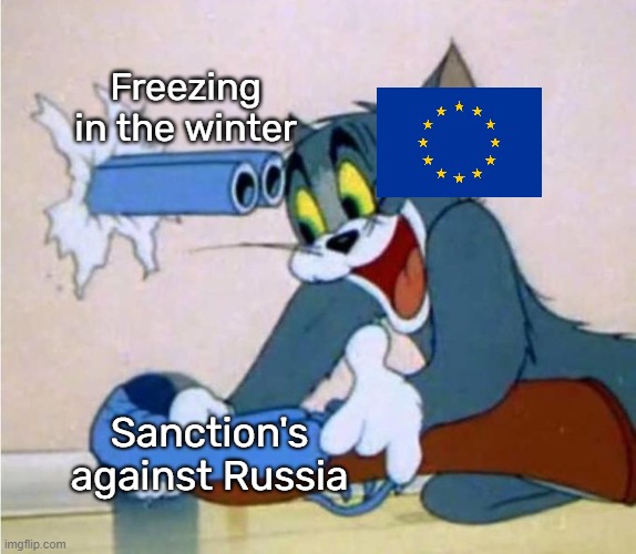 Oh boy I can't wait for the cost of living crisis to get even worse. Take that putin! | Freezing in the winter; Sanction's against Russia | image tagged in tom cat shot itself,backfire | made w/ Imgflip meme maker