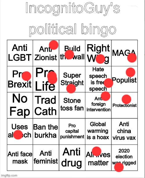 Ha, got a bingo on Georgie’s political bingo | image tagged in incognitoguy s political bingo | made w/ Imgflip meme maker