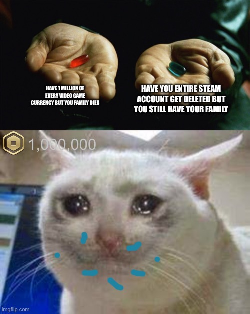 *cries in apex coins* | HAVE 1 MILLION OF EVERY VIDEO GAME CURRENCY BUT YOU FAMILY DIES; HAVE YOU ENTIRE STEAM ACCOUNT GET DELETED BUT YOU STILL HAVE YOUR FAMILY; 1,000,000 | image tagged in red pill blue pill,cat crying | made w/ Imgflip meme maker