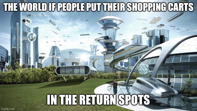 Sorry if it ain’t original, I had it in my head for a while |  THE WORLD IF PEOPLE PUT THEIR SHOPPING CARTS; IN THE RETURN SPOTS | image tagged in the future world if | made w/ Imgflip meme maker