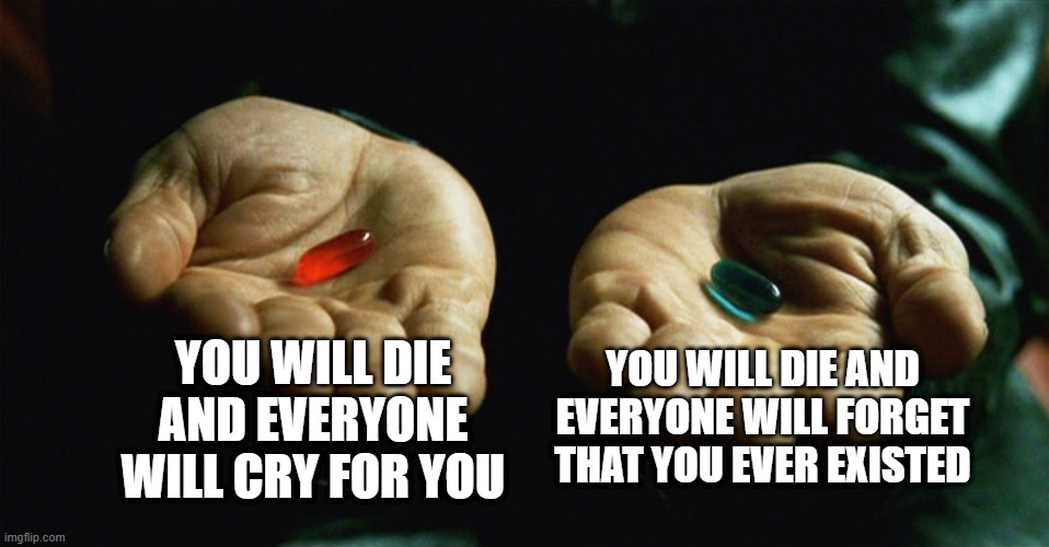 depression memes | YOU WILL DIE AND EVERYONE WILL CRY FOR YOU; YOU WILL DIE AND EVERYONE WILL FORGET THAT YOU EVER EXISTED | image tagged in red pill blue pill,depression | made w/ Imgflip meme maker