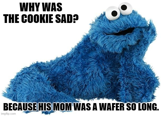 Daily Bad Dad Joke September 14 2022 | WHY WAS THE COOKIE SAD? BECAUSE HIS MOM WAS A WAFER SO LONG. | image tagged in cookie monster | made w/ Imgflip meme maker