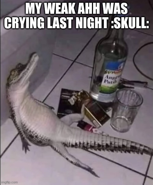 drunk crocodile | MY WEAK AHH WAS CRYING LAST NIGHT :SKULL: | image tagged in drunk crocodile | made w/ Imgflip meme maker