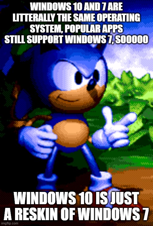 Regular Sonic | WINDOWS 10 AND 7 ARE LITTERALLY THE SAME OPERATING SYSTEM, POPULAR APPS STILL SUPPORT WINDOWS 7, SOOOOO; WINDOWS 10 IS JUST A RESKIN OF WINDOWS 7 | image tagged in regular sonic | made w/ Imgflip meme maker