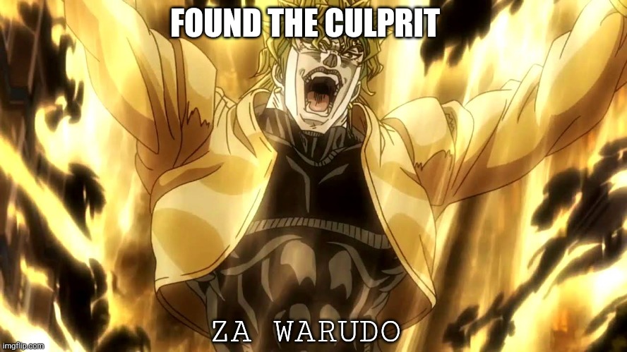 Za Warudo | ZA WARUDO FOUND THE CULPRIT | image tagged in za warudo | made w/ Imgflip meme maker
