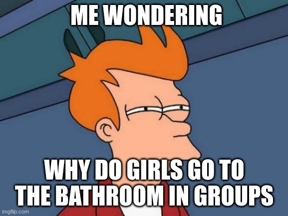 Futurama Fry Meme | ME WONDERING; WHY DO GIRLS GO TO THE BATHROOM IN GROUPS | image tagged in memes,futurama fry | made w/ Imgflip meme maker