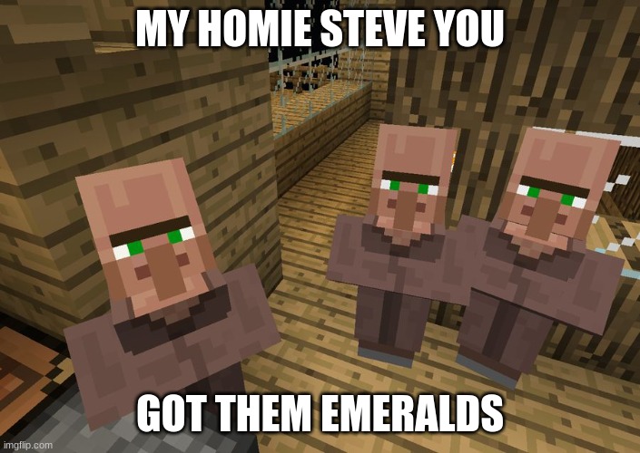 emeralds | MY HOMIE STEVE YOU; GOT THEM EMERALDS | image tagged in minecraft villagers | made w/ Imgflip meme maker