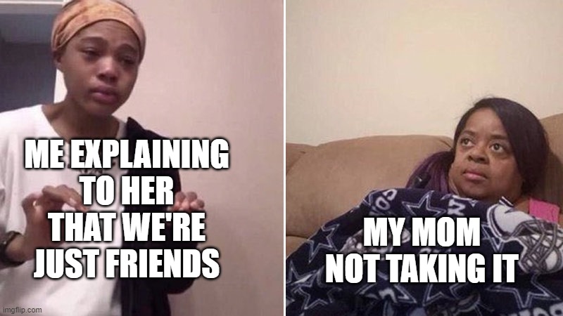 Me explaining to my mom | ME EXPLAINING TO HER THAT WE'RE JUST FRIENDS MY MOM NOT TAKING IT | image tagged in me explaining to my mom | made w/ Imgflip meme maker